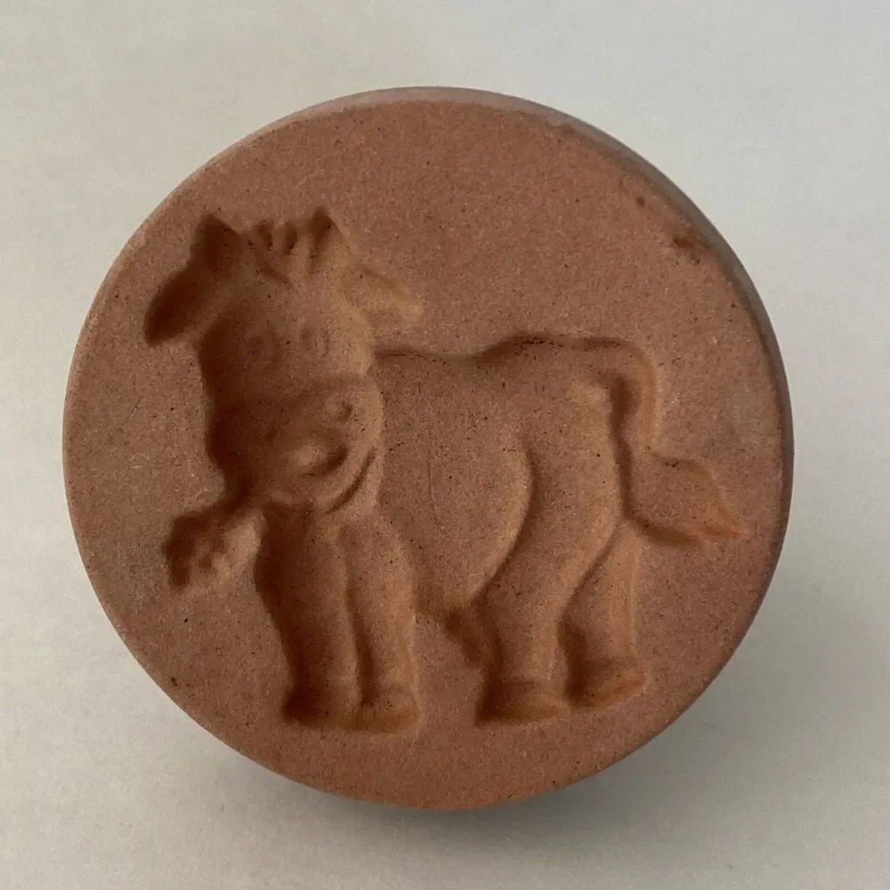 Cookie Stamp Terra Cotta Cow 2” Round Handle Green Glaze